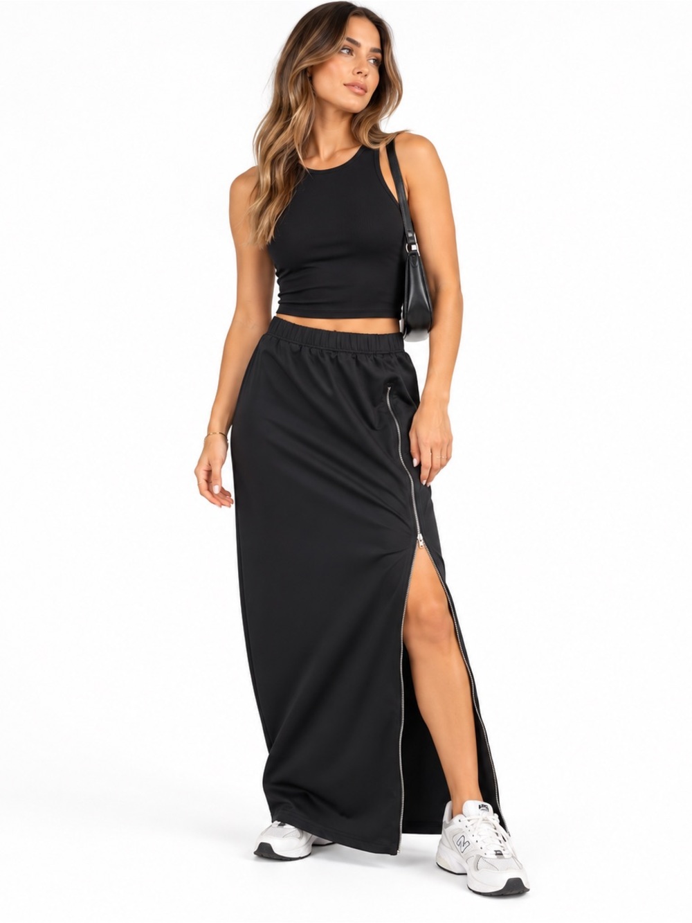 Black Maxi Skirt with Silver Zipper Slit | Sporty Chic Y2K Streetwear